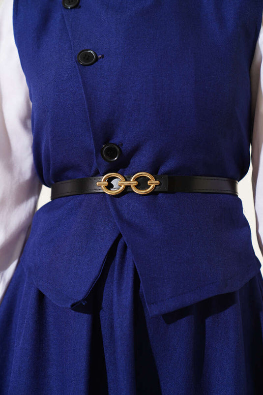 Belted, Cross-Buttoned Vest and Skirt Suit, Navy Blue