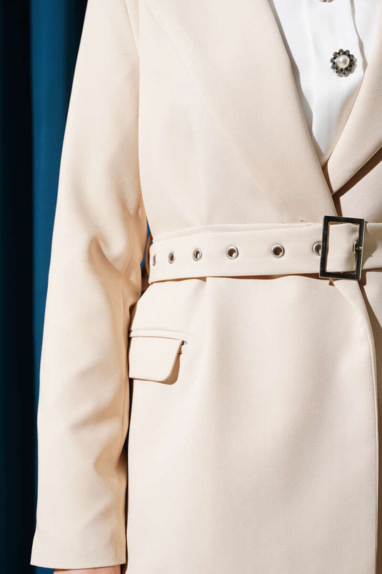 Belted Pocket Flap Jacket Two-Piece Set Beige