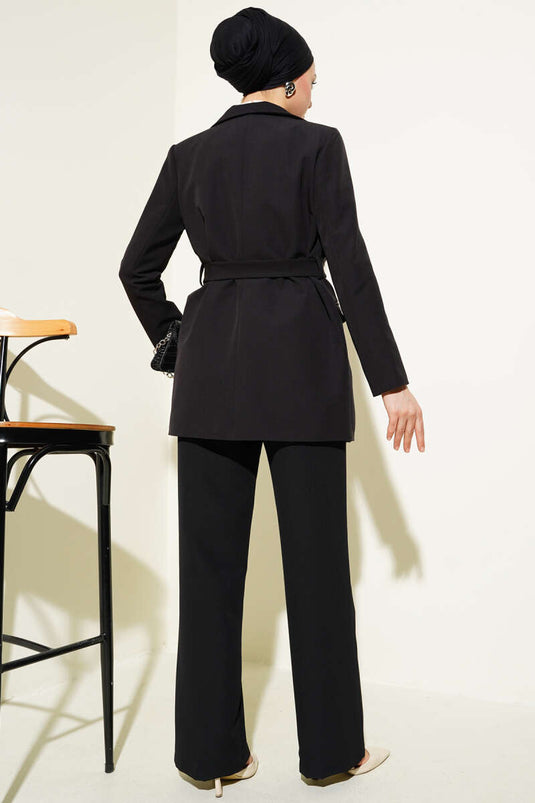 Giacca con patta e cintura, set da due pezzi, nero