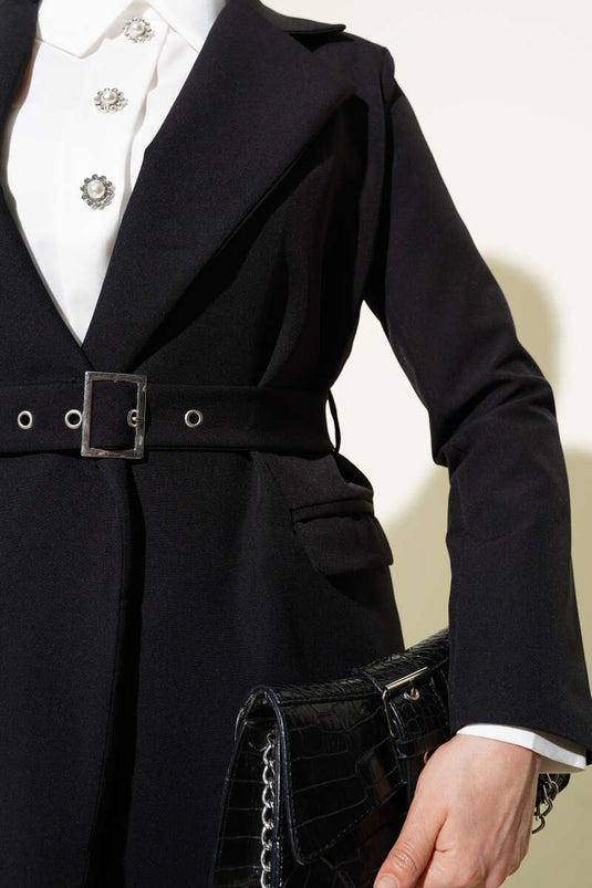 Giacca con patta e cintura, set da due pezzi, nero