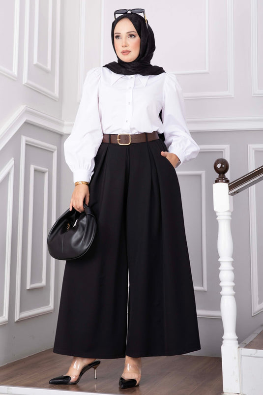 Kemerli Cepli Etek Pantolon Siyah