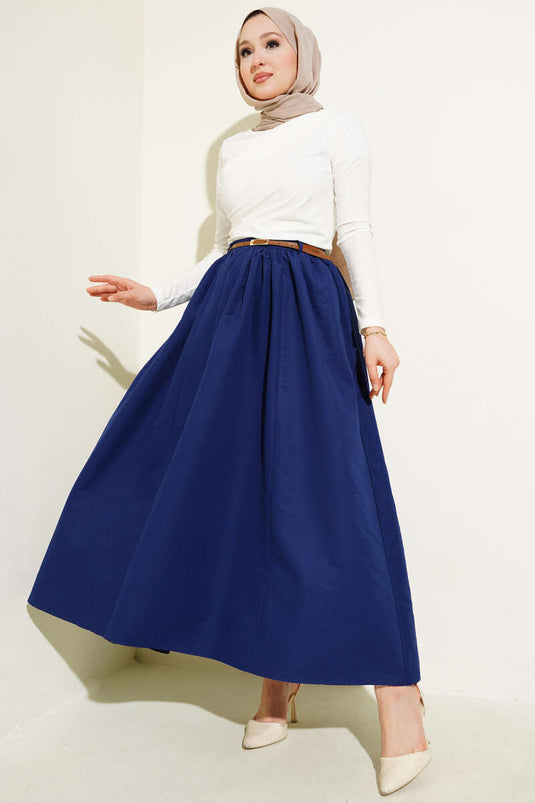 Kemerli Cepli Kloş Etek Lacivert
