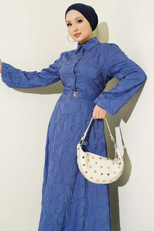 Belted Floral Embroidered Buttoned Dress Indigo