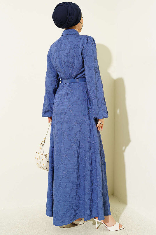 Belted Floral Embroidered Buttoned Dress Indigo