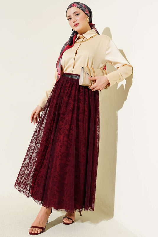 Belted Floral Flared Tulle Skirt Burgundy