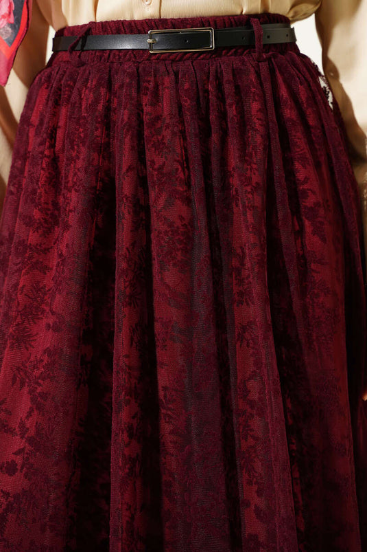 Belted Floral Flared Tulle Skirt Burgundy