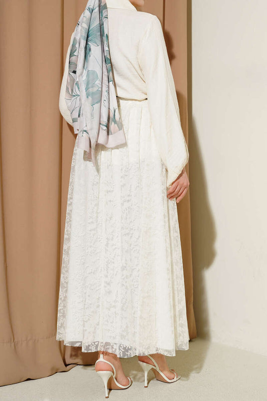 Belted Floral Flared Tulle Skirt Ecru