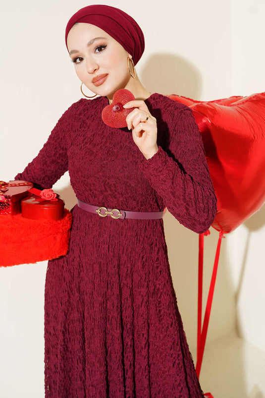 Kemerli Dantelli Kloş Elbise Bordo