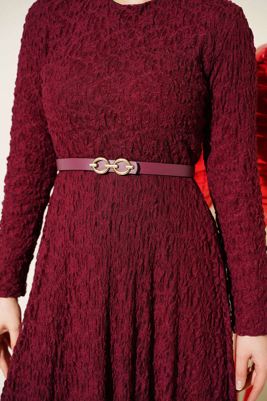 Kemerli Dantelli Kloş Elbise Bordo