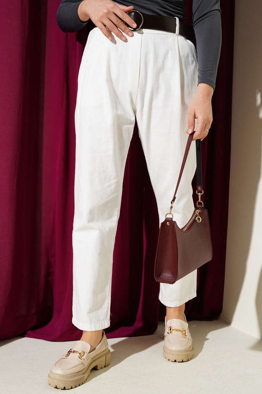 Belted Narrow Leg Gabardine Trousers White