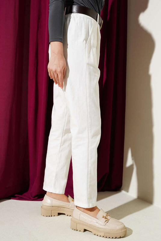 Belted Narrow Leg Gabardine Trousers White