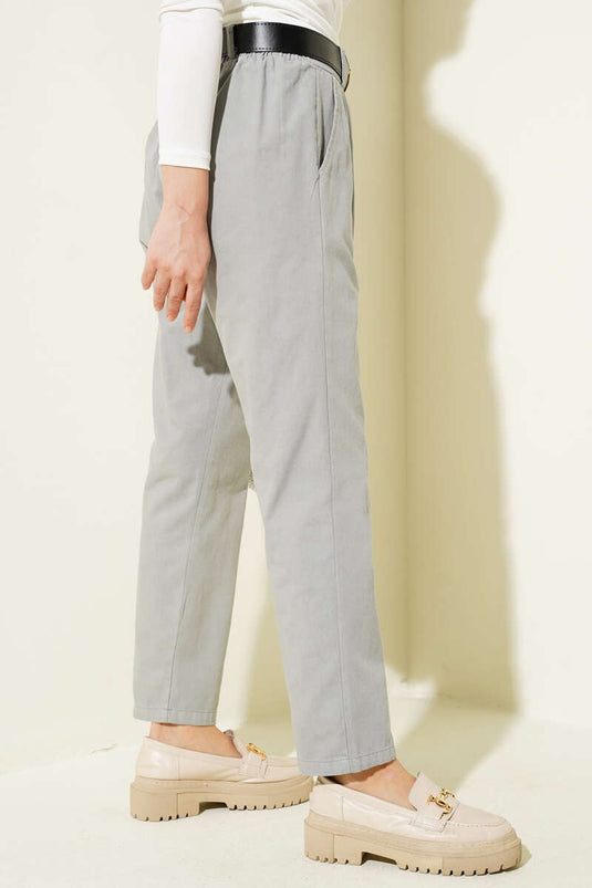 Belted Slim Fit Gabardine Trousers Gray