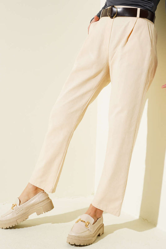 Belted Narrow Leg Gabardine Trousers Sand Beige