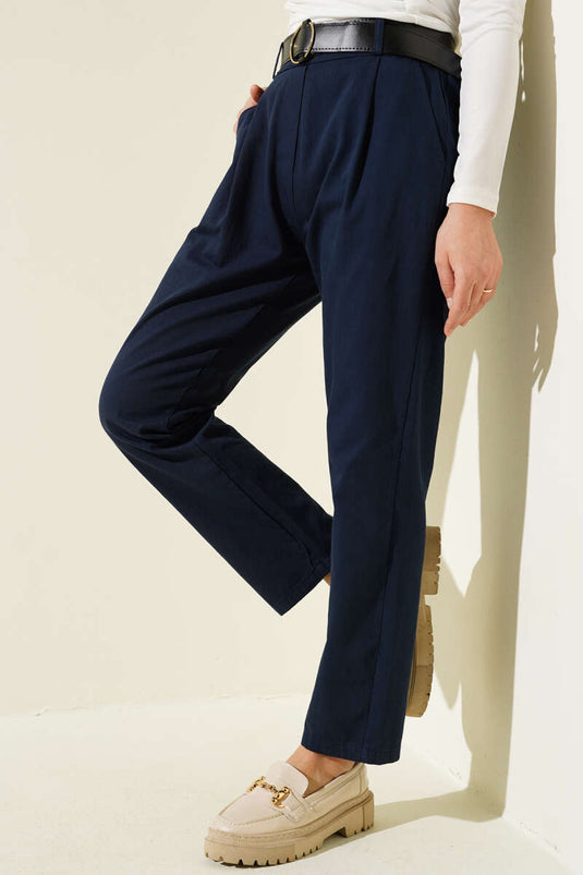 Belted Slim Fit Gabardine Trousers Navy Blue