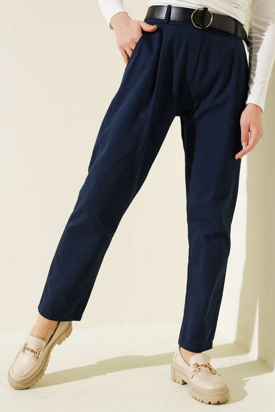 Belted Slim Fit Gabardine Trousers Navy Blue