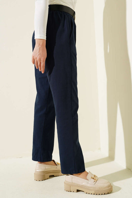 Belted Slim Fit Gabardine Trousers Navy Blue