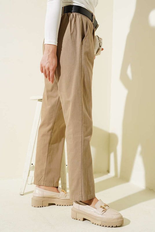 Belted Slim Fit Gabardine Trousers Beige