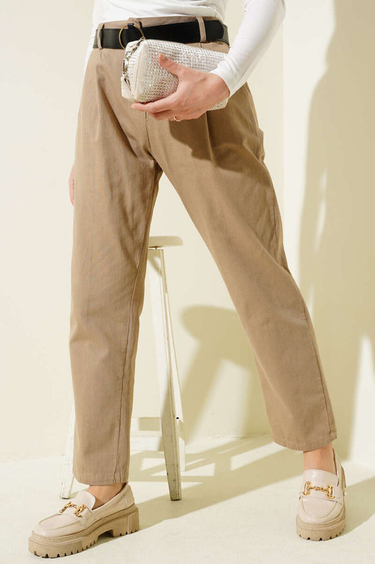 Belted Slim Fit Gabardine Trousers Beige