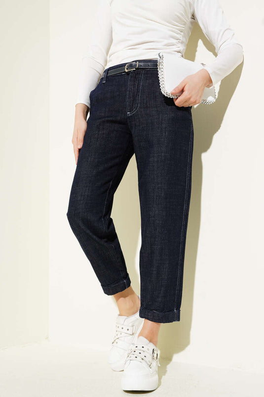 Belted Skinny Leg Jeans Navy Blue