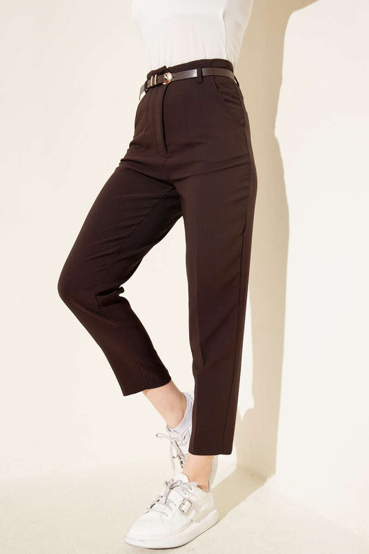 Kemerli Dar Paça Kumaş Pantolon Kahve