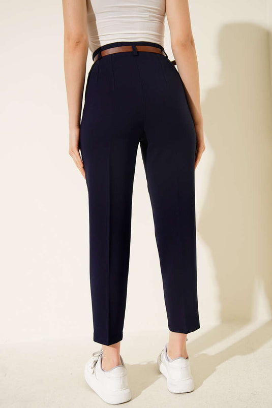 Kemerli Dar Paça Kumaş Pantolon Lacivert
