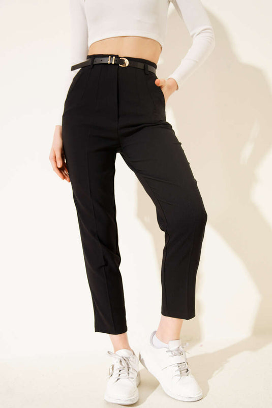 Narrow-Leg Fabric Trousers with Belt Black