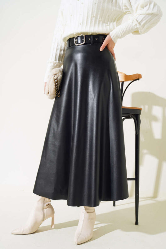 Black Belted Leather Bell Skirt