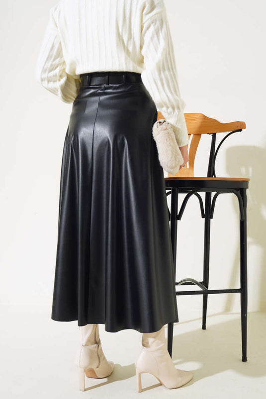 Black Belted Leather Bell Skirt