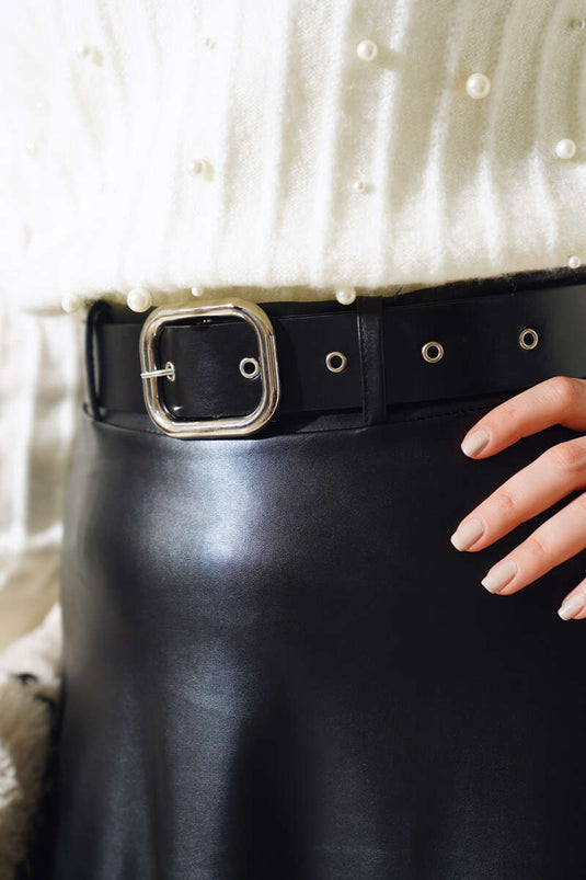 Kemerli Deri Çan Etek Siyah