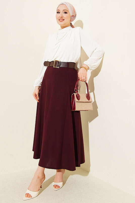 Burgundy Flared Skirt with Belted Stitch Detail