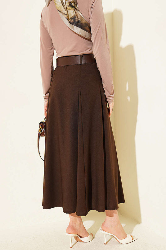 Jupe évasée avec ceinture et détails de couture, couleur café