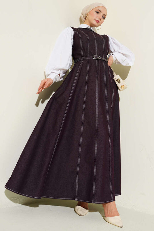 Burgundy Denim Pinafore Dress with Belted Stitch Detail