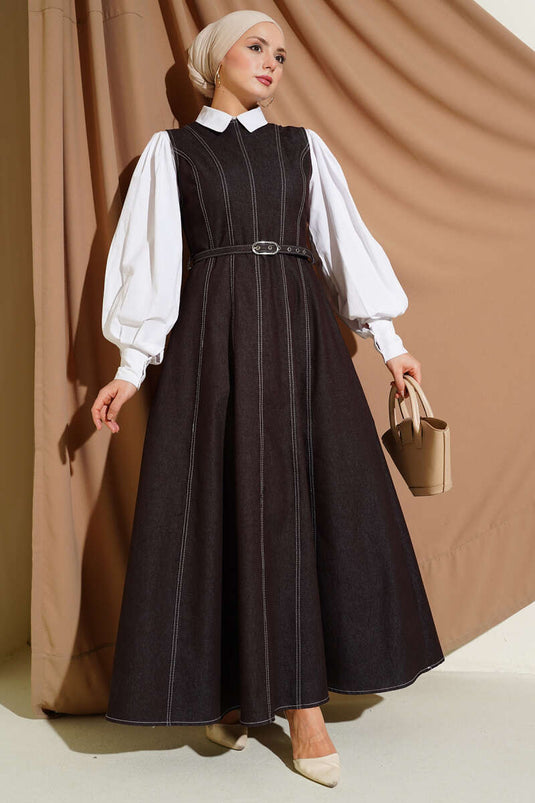 Denim Jumper with Belt and Stitching Details Brown