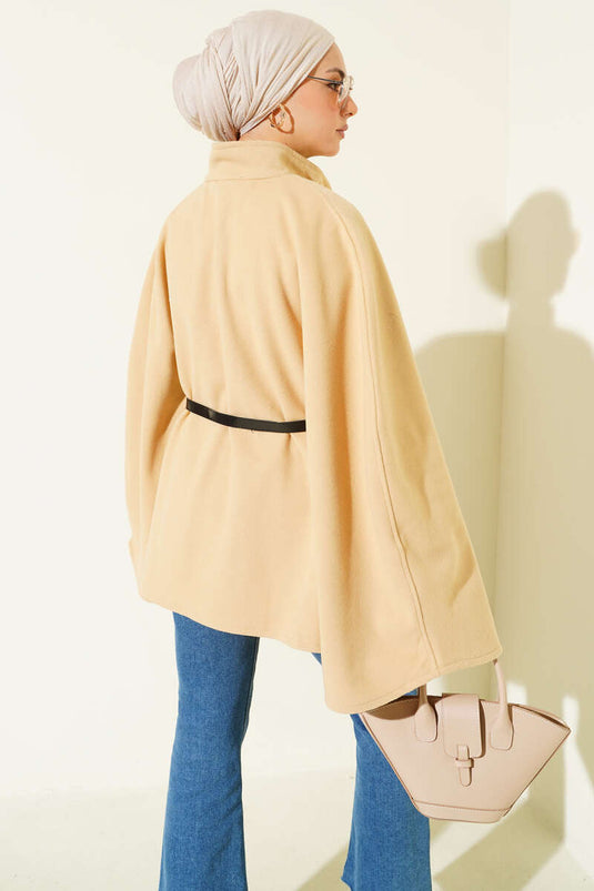 Belted Buttoned Cashmere Poncho Camel