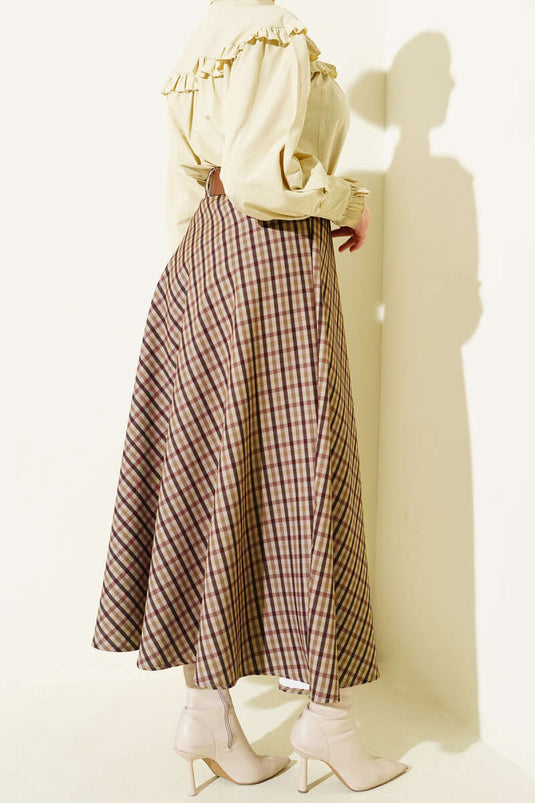 Kemerli Ekose Desen Kloş Etek Camel