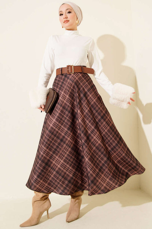 Kemerli Ekose Desen Kloş Etek Kahve