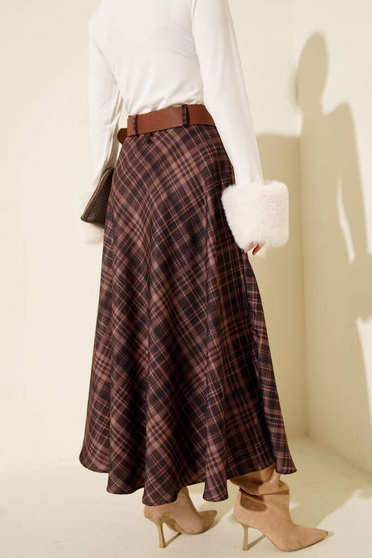 Kemerli Ekose Desen Kloş Etek Kahve