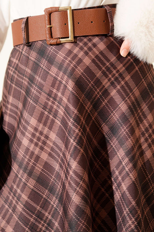 Kemerli Ekose Desen Kloş Etek Kahve