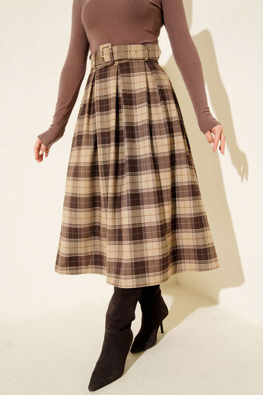 Gonna a pieghe con cintura e motivo scozzese color visone
