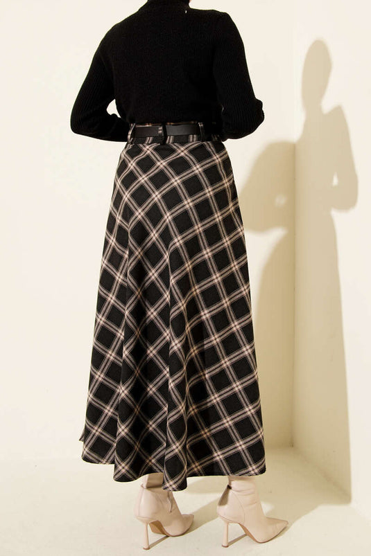 Kemerli Ekose Desenli Etek Siyah