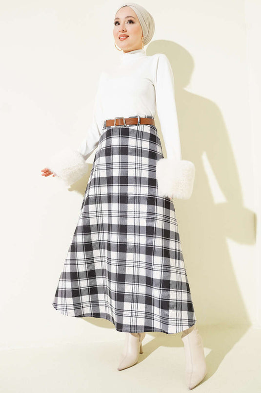 Kemerli Ekoseli Scuba Etek Siyah