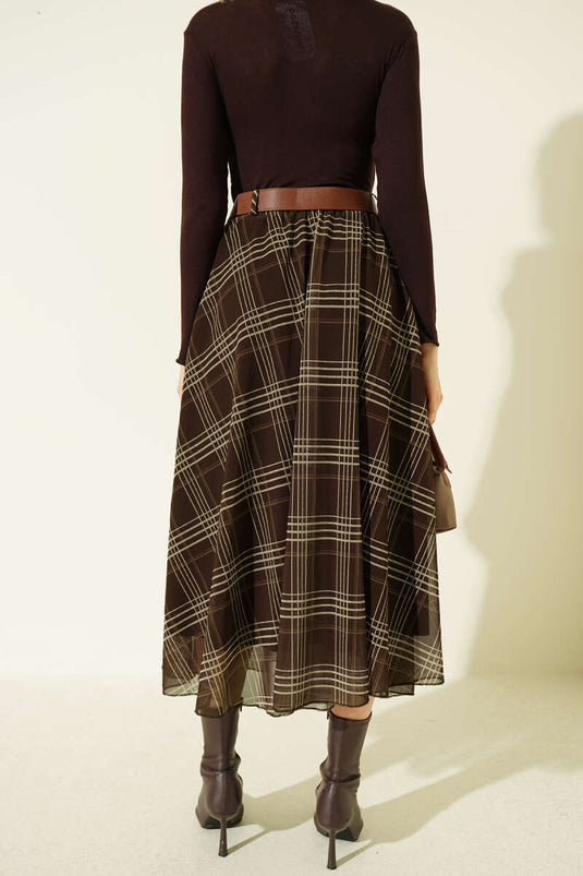 Kemerli Ekoseli Şifon Midi Etek Kahve