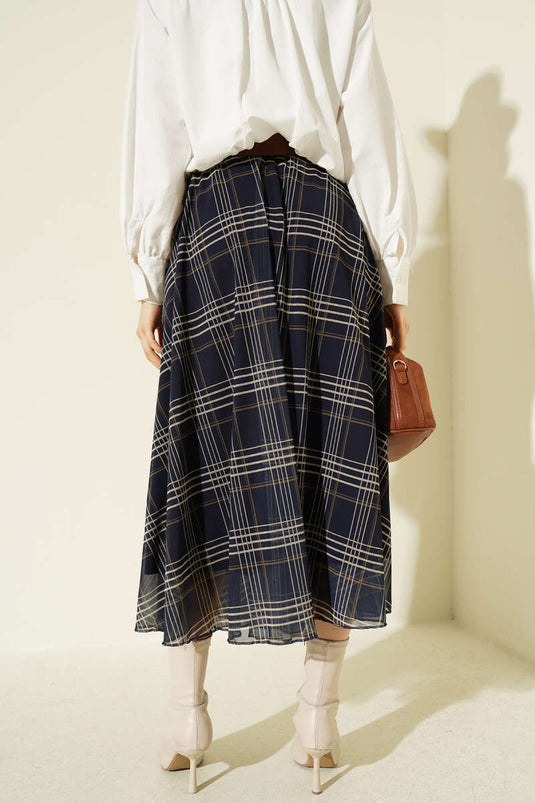 Kemerli Ekoseli Şifon Midi Etek Lacivert