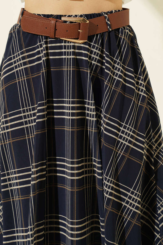Navy Blue Checkered Chiffon Midi Skirt with Belt