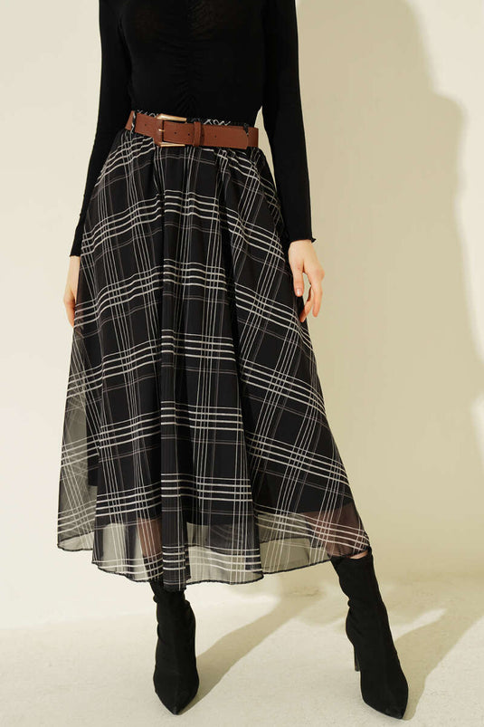 Kemerli Ekoseli Şifon Midi Etek Siyah