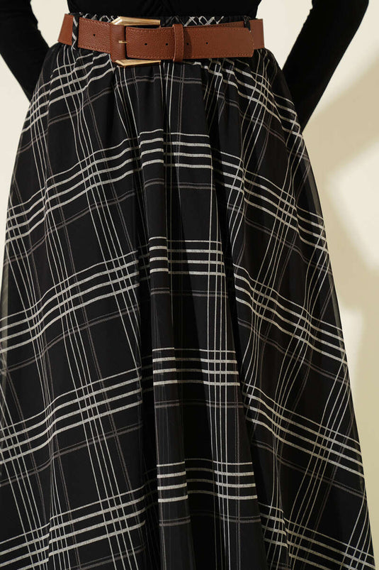 Black Midi Skirt with Belt in Checked Chiffon