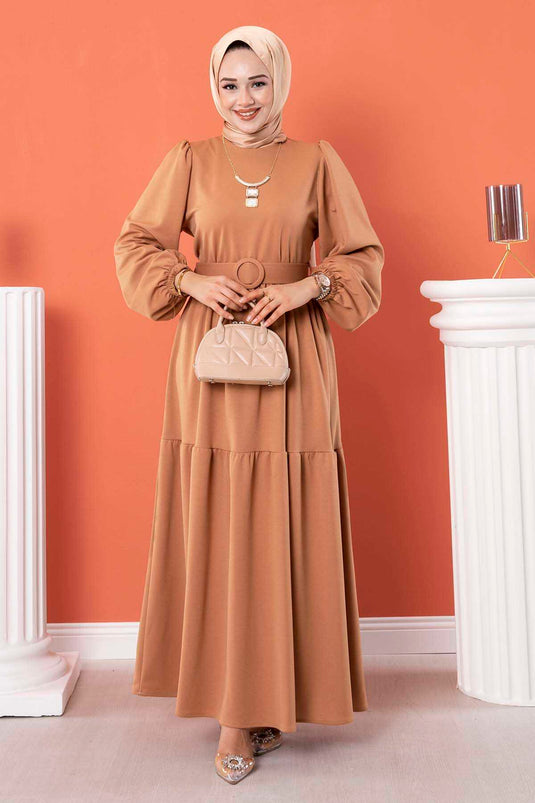 Robe Hijab Longue Ceinturée Latte