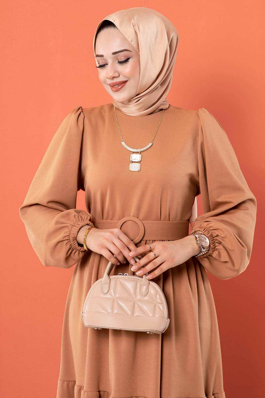 Robe Hijab Longue Ceinturée Latte