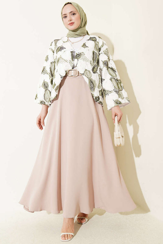 Basic Skirt with Belt and Zipper Beige