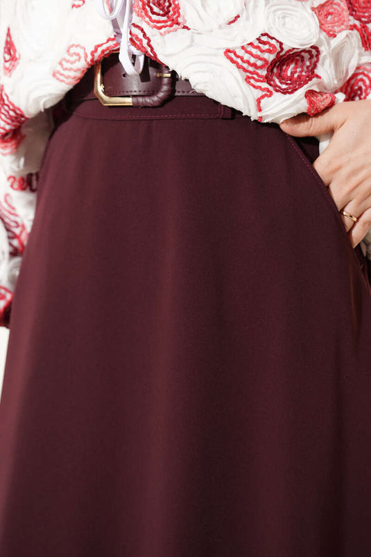 Kemerli Fermuarlı Basic Etek Mürdüm